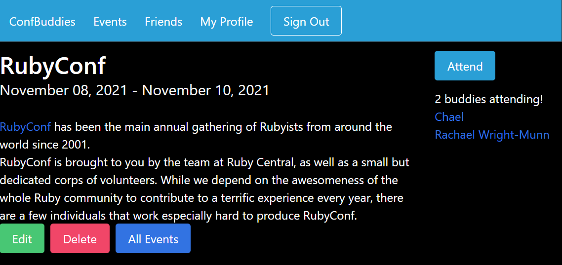 Screenshot of the event page, with friends attending listed, and a giant attend button. Found at /events/2